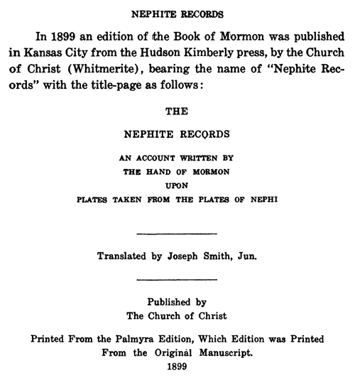 Nephite Records, David Whitmer's Church of Christ 1830 Reprint of The Book of Mormon